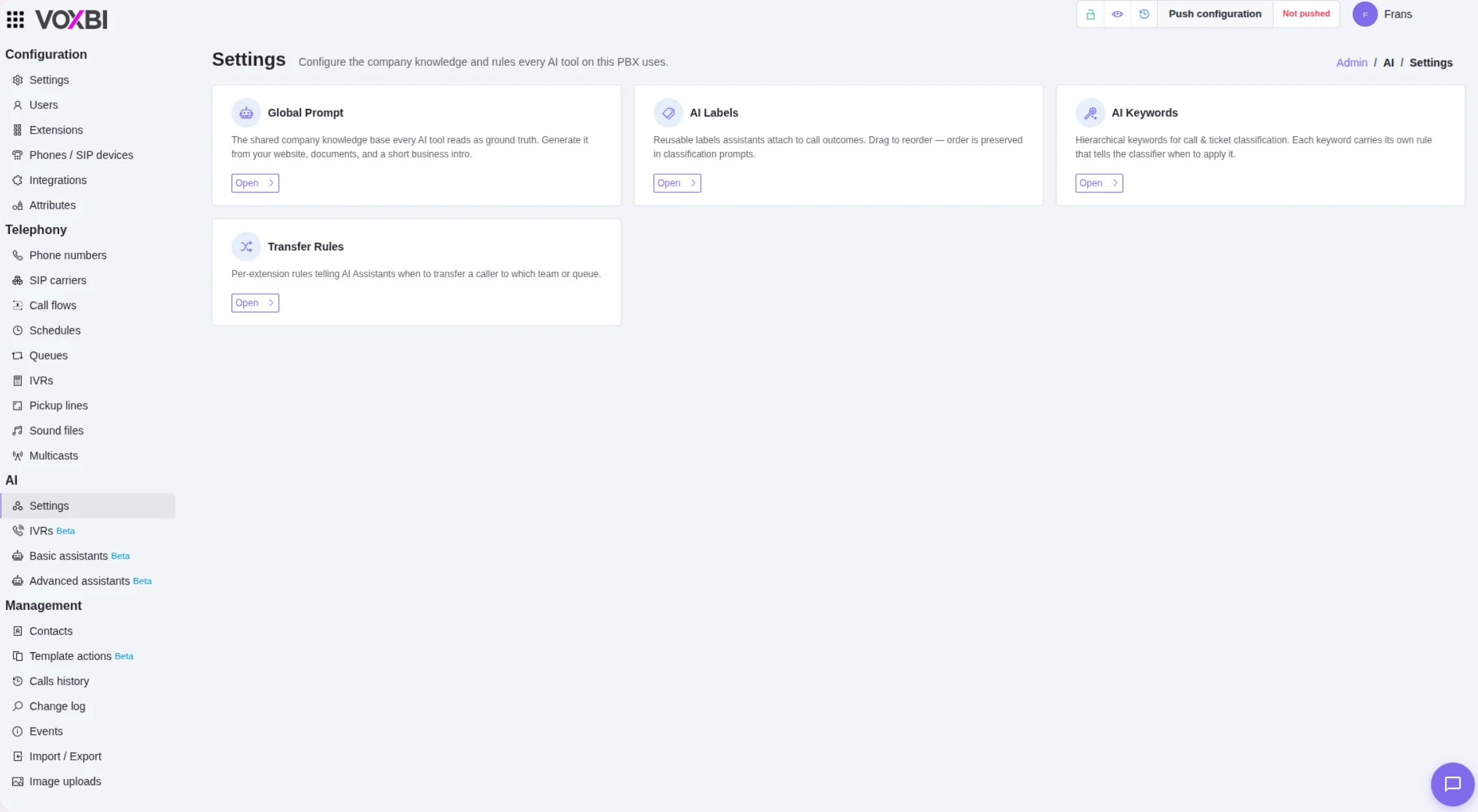 Voxbi Cockpit dashboard showing users, queues, and routing in a single browser view