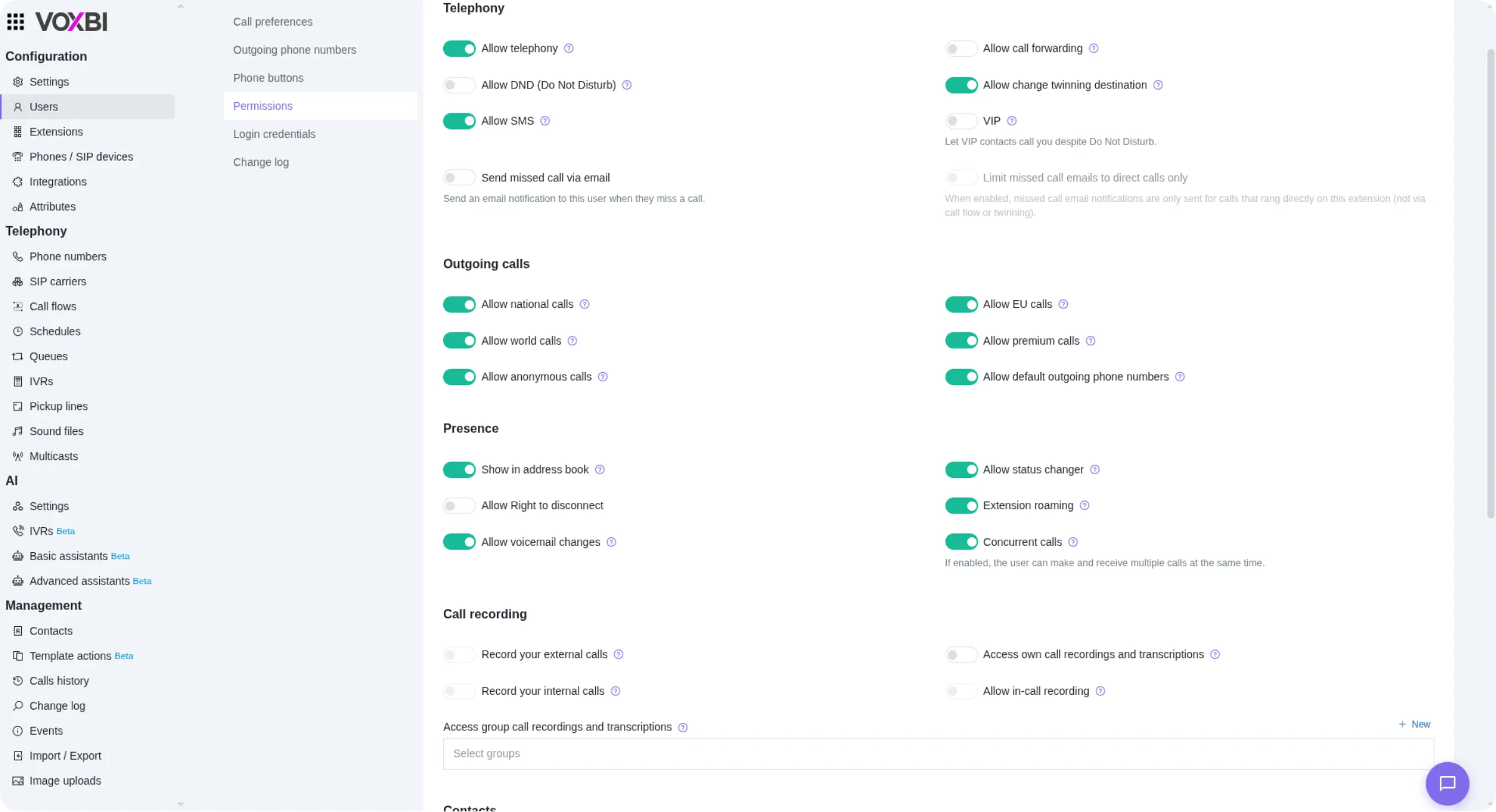 The Voxbi Cockpit permissions page, with per-user access toggles.
