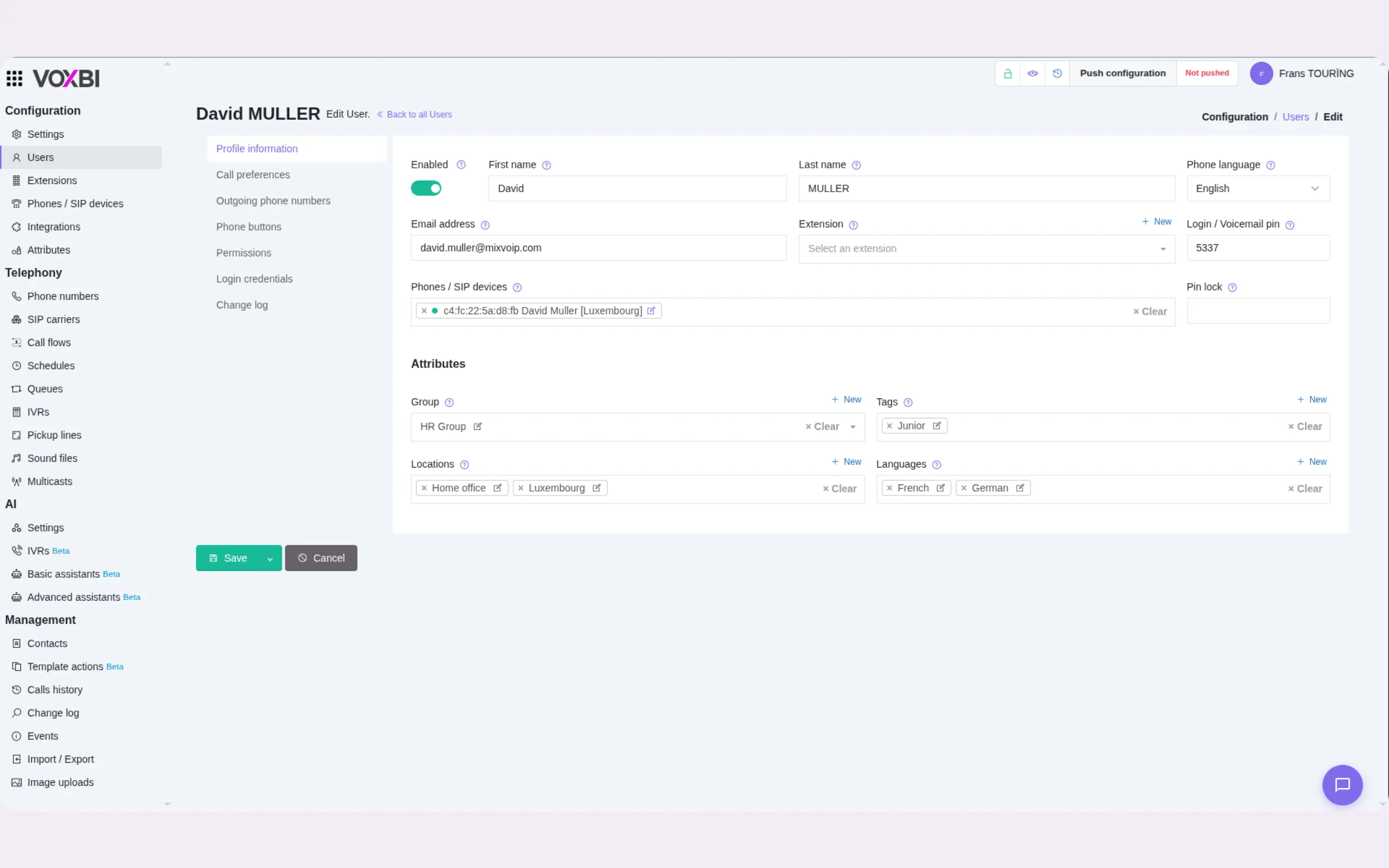 Editing a user in the Voxbi Cockpit: profile, devices, and access.