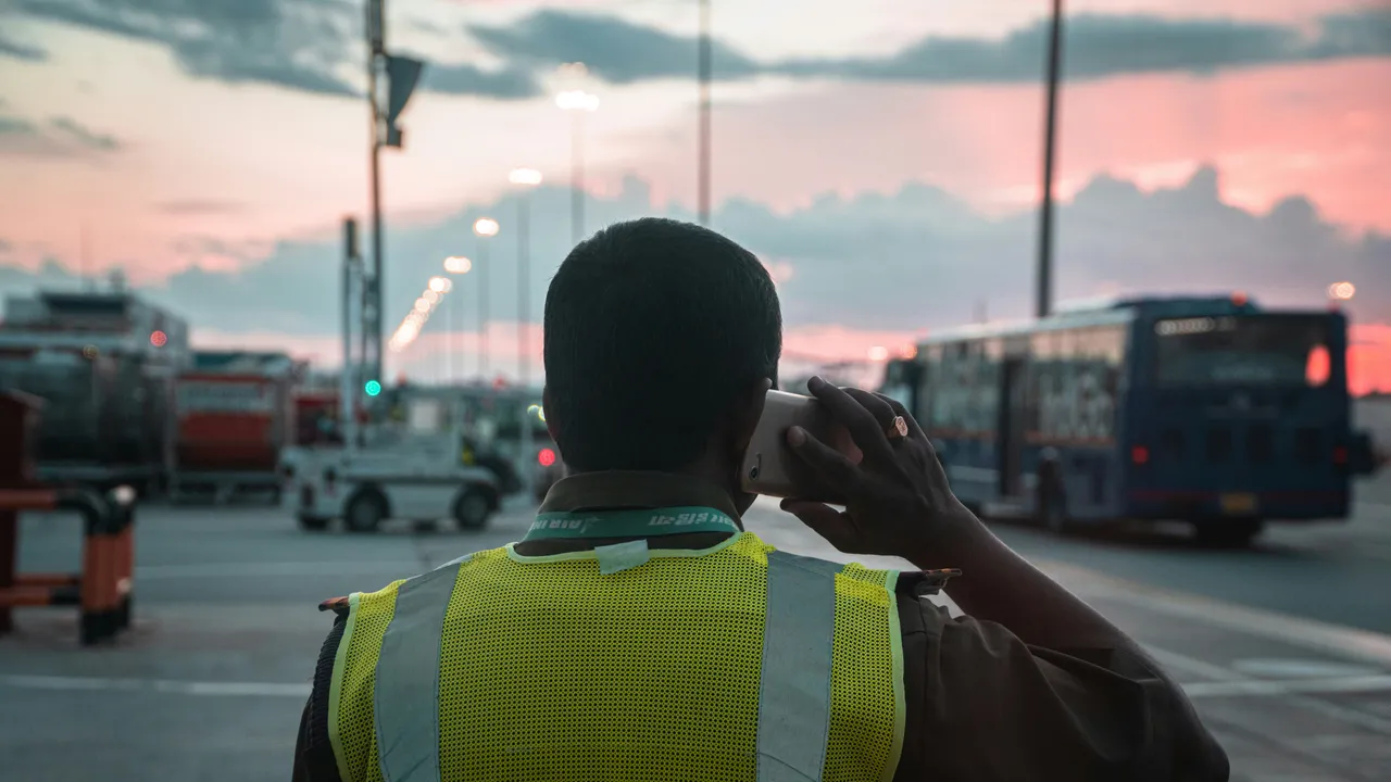 A worker in a hi-vis vest taking a call at a transport depot.