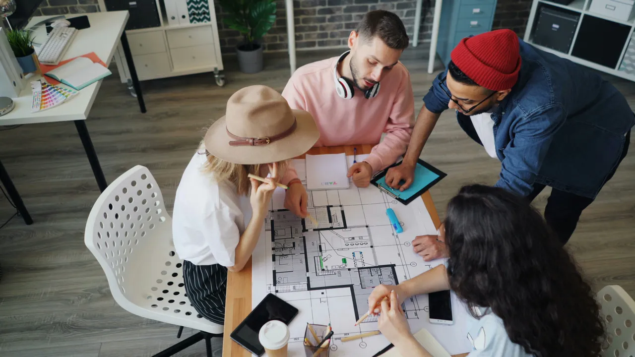 A creative team reviewing designs together in an agency studio.