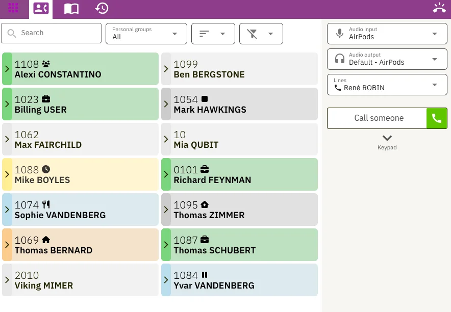 The Voxbi web app: contacts overview with an active call in progress.