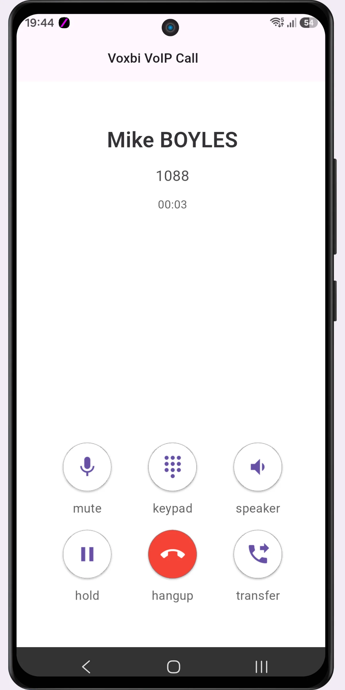The Voxbi mobile app on an active VoIP call.