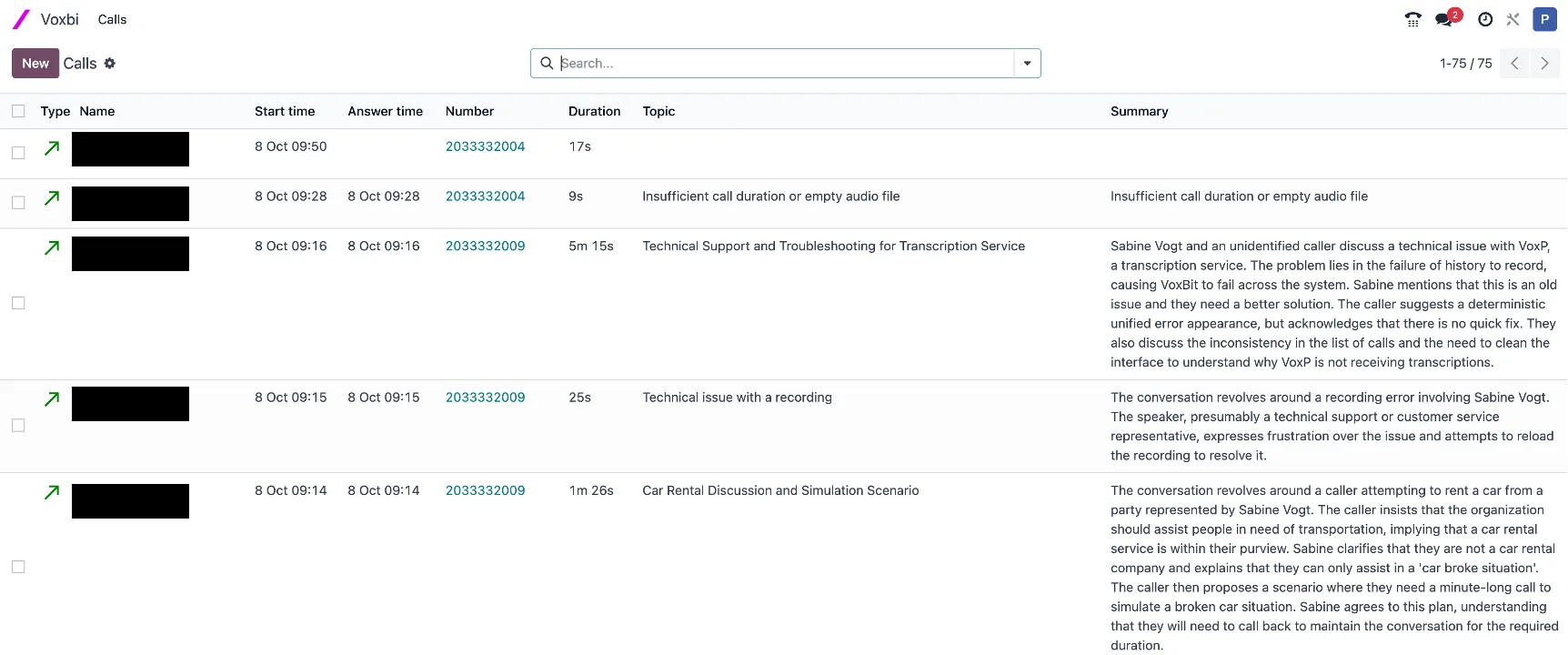 Des appels Voxbi avec leurs résumés IA affichés dans le CRM Odoo.