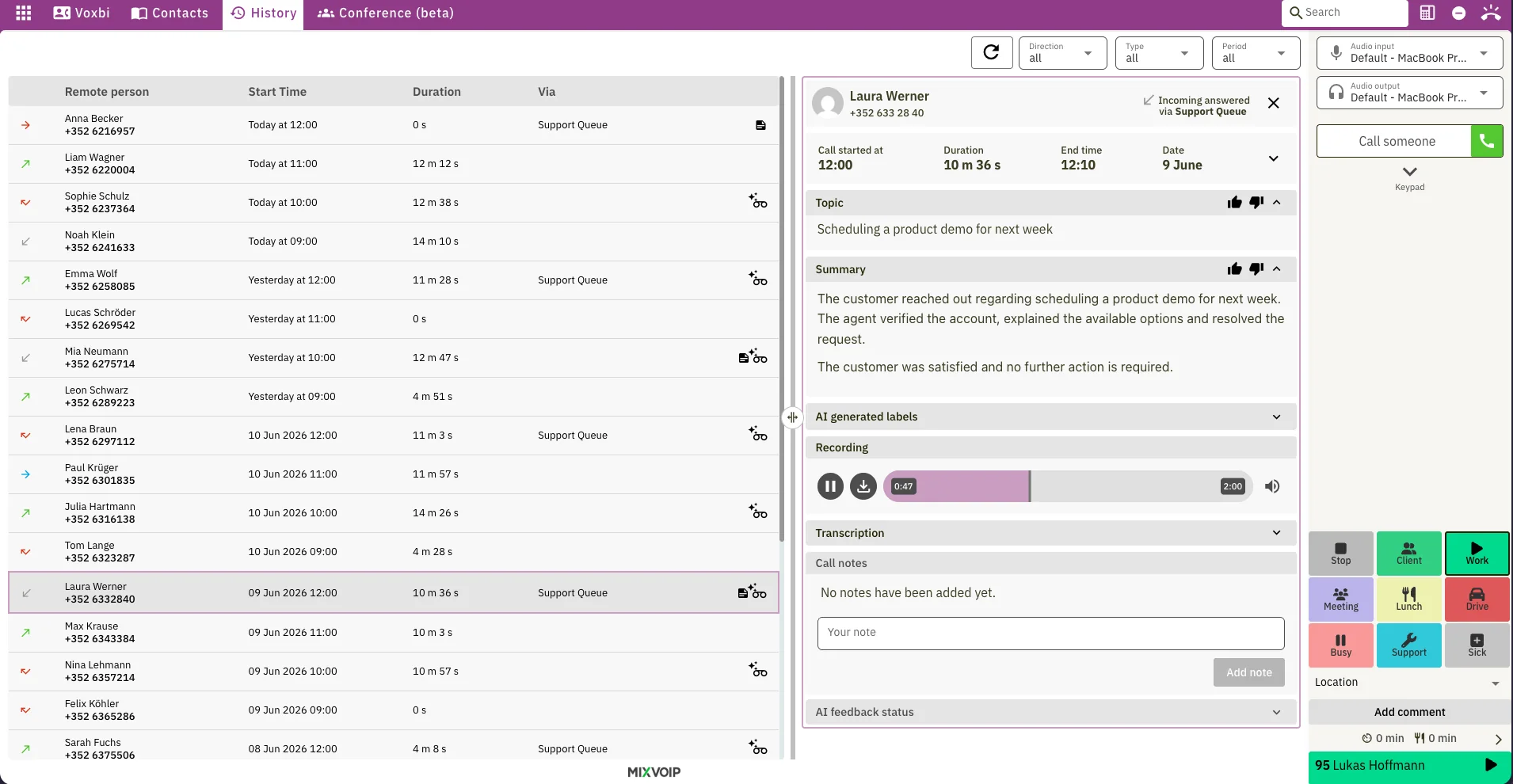 The Voxbi web app call history with a selected call's recording playing back, alongside its AI summary and labels.