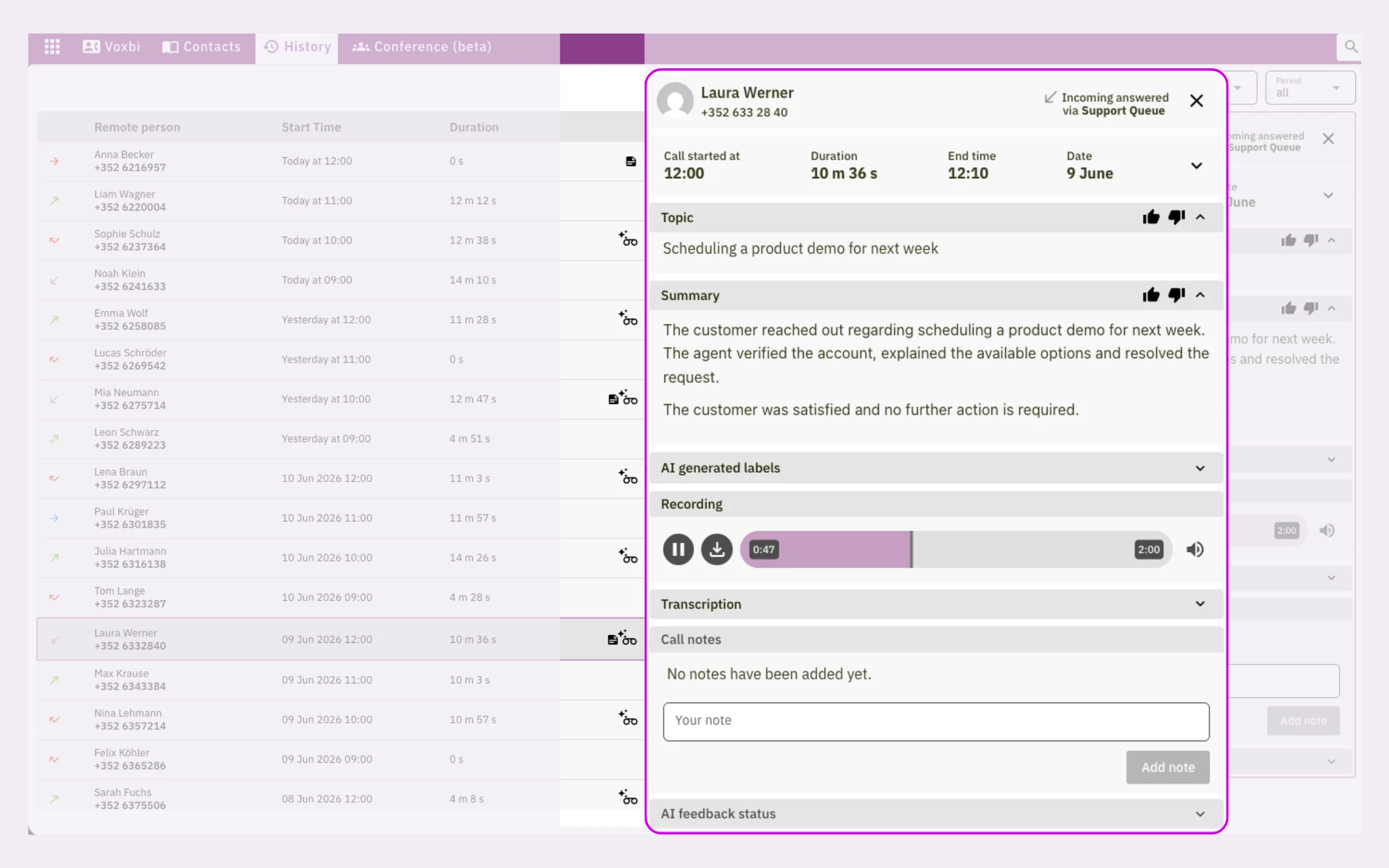 The Voxbi web portal showing a call's recording with playback controls, summary, and transcription.